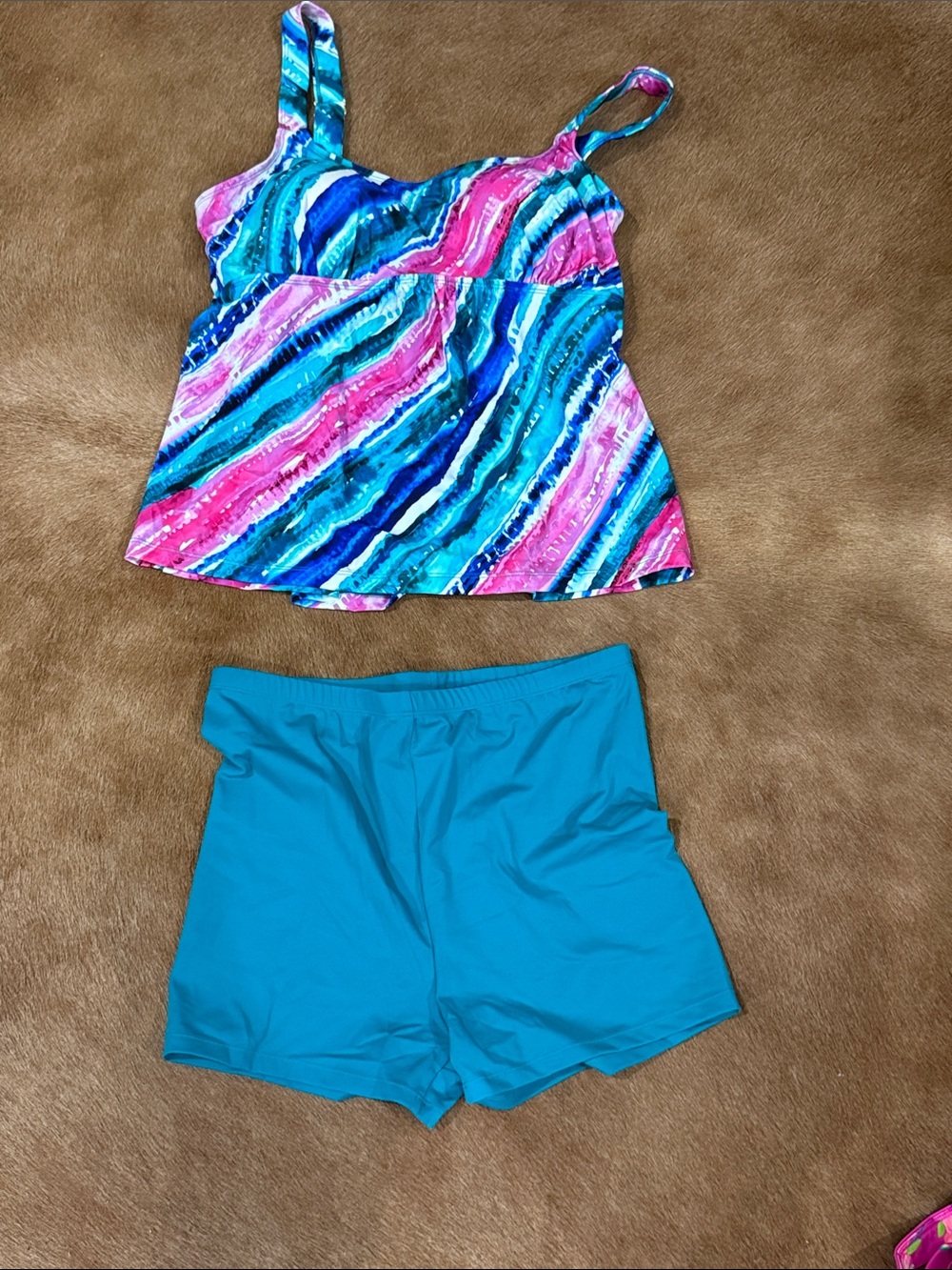 NWOT Two-Piece Swim Tankini Set in Teal, Blue & Pink